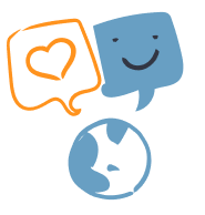 Weltkugel mit Sprechblasen, eine mit einem Herz und eine mit einem lächelnden Gesicht