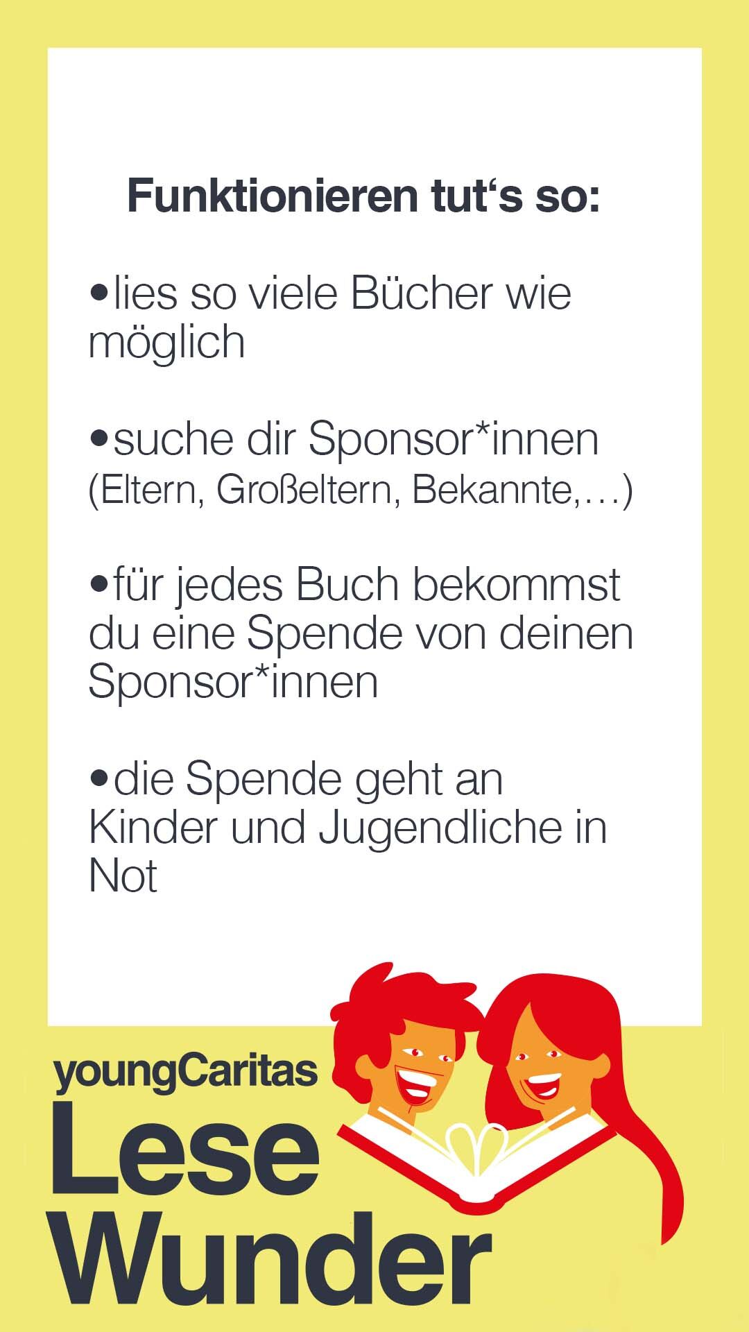 Anleitung zum Programm 'Lesewunder' von youngCaritas: Bücher lesen, Sponsoren finden und Spenden für bedürftige Kinder sammeln.